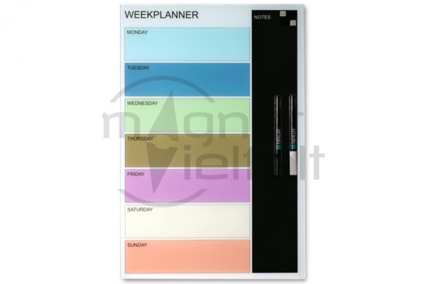 Glas-Magnettafel Wochenplaner, 40 x 60 cm, farbig, inkl. 2 Marker und 2 Würfelmagnete